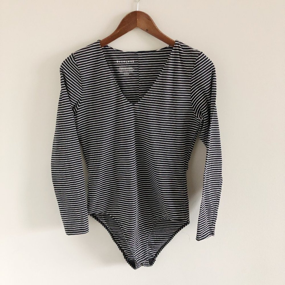 Everlane Stripe Bodysuit Shirt Top Large Black White Supima Cotton Blend